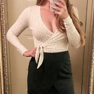 White polka dot wrap bodysuit